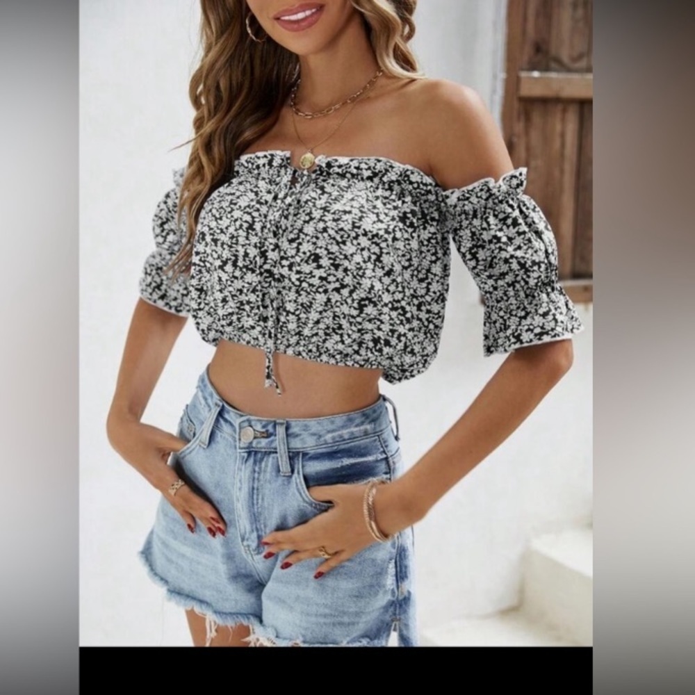 SHEIN VCAY Ditsy Floral Print Off Shoulder Frill Trim Tie Front Crop Blouse L - Picture 5 of 16